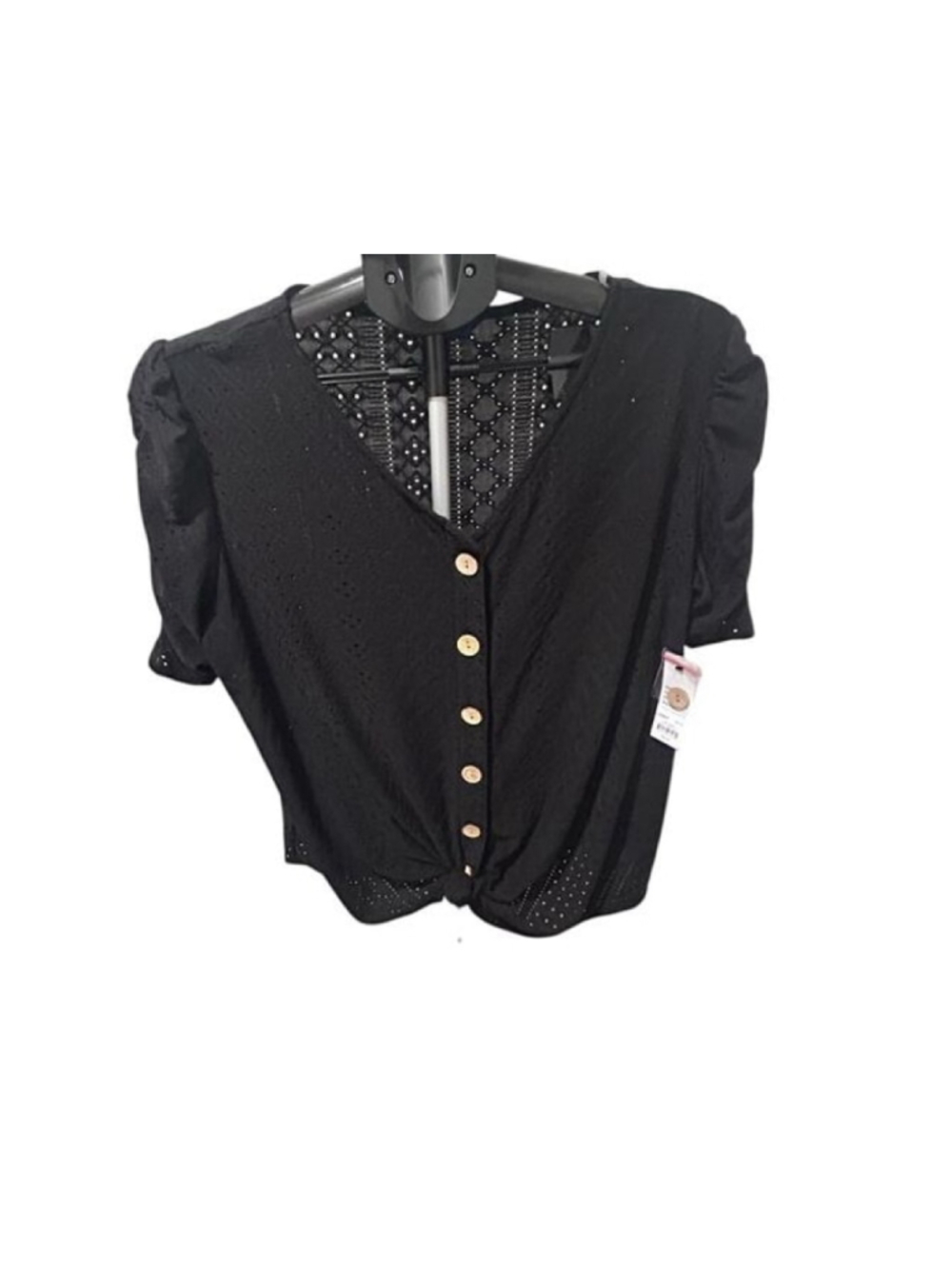 Apt. 9 Black Eyelet Blouse PXL Petite Puff Sleeve Tie Front
